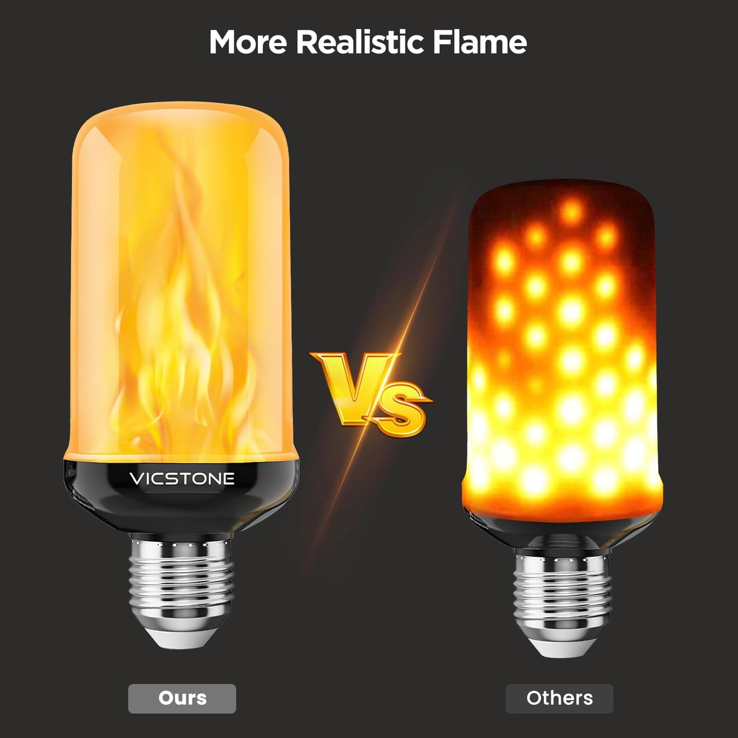 Vicstone Upgraded Dusk to Dawn LED Flame Light Bulbs Outdoor, 4 Modes Flickering Light Bulbs with Upside Down Effect, E26 Fire Bulb for Halloween Christmas Party Patio Porch Home Indoor Decorations, 2