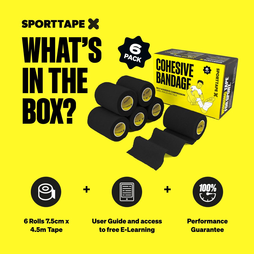 6 Rolls SPORTTAPE Self Adhesive Cohesive Bandage, Dog Bandage, Vet Wrap for Horses | 7.5cm x 4.5m - Black | Cohesive Wrap for Compression | Football Sock Tape, Shin Pad Tape, Wrist & Ankle