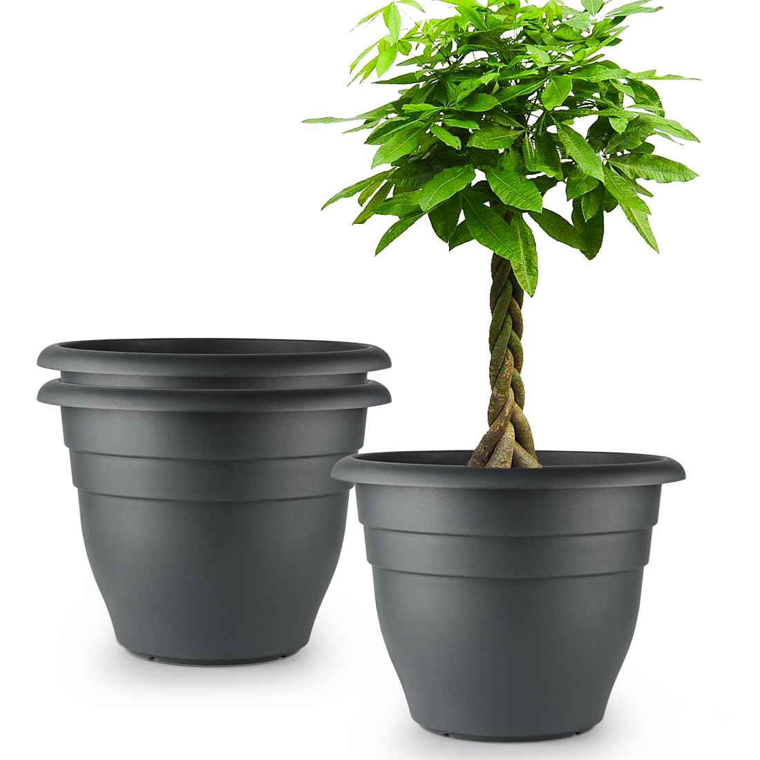 RooTrimmer 3 Pack Large 16 Inch Plastic Plant Pots for Outdoor Plants,Durable & Lightweight Flower Pots with Drainage Holes,Weather-Resistant Large Planters for Patio Garden(Gray)