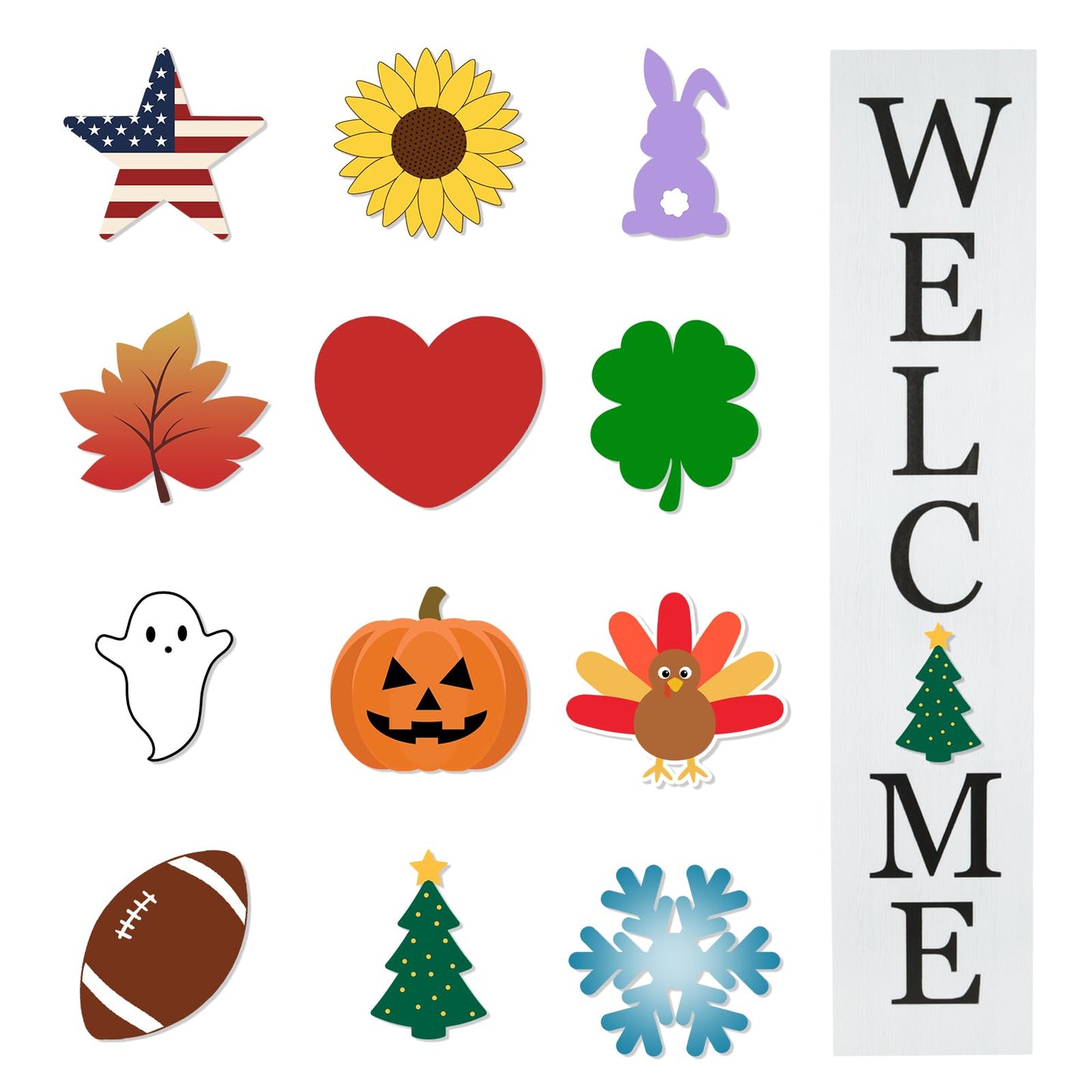 Interchangeable Wooden Porch Welcome Sign with 12 Interchangeable Icons 45"X9" Large Standing Hanging Seasonal Home Decor for Porch Wall Yard Decorations (White)