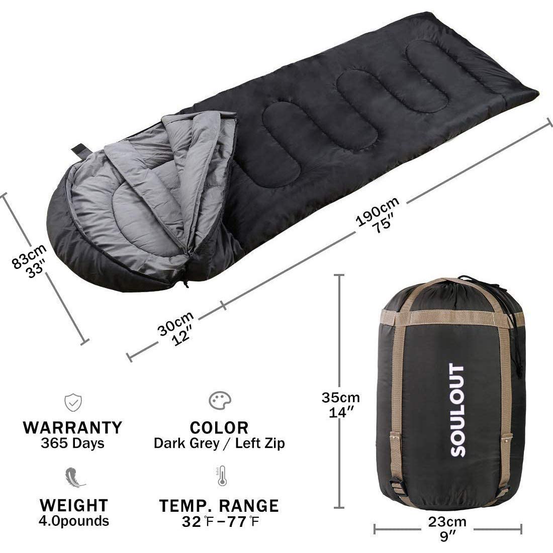 3-4 Season Sleeping Bag for Adults & Kids, Lightweight Warm Cold Weather Camping Bag with Waterproof Compression Sack – Portable for Hiking, Backpacking, Traveling & Outdoor Adventures (Dark Gray)