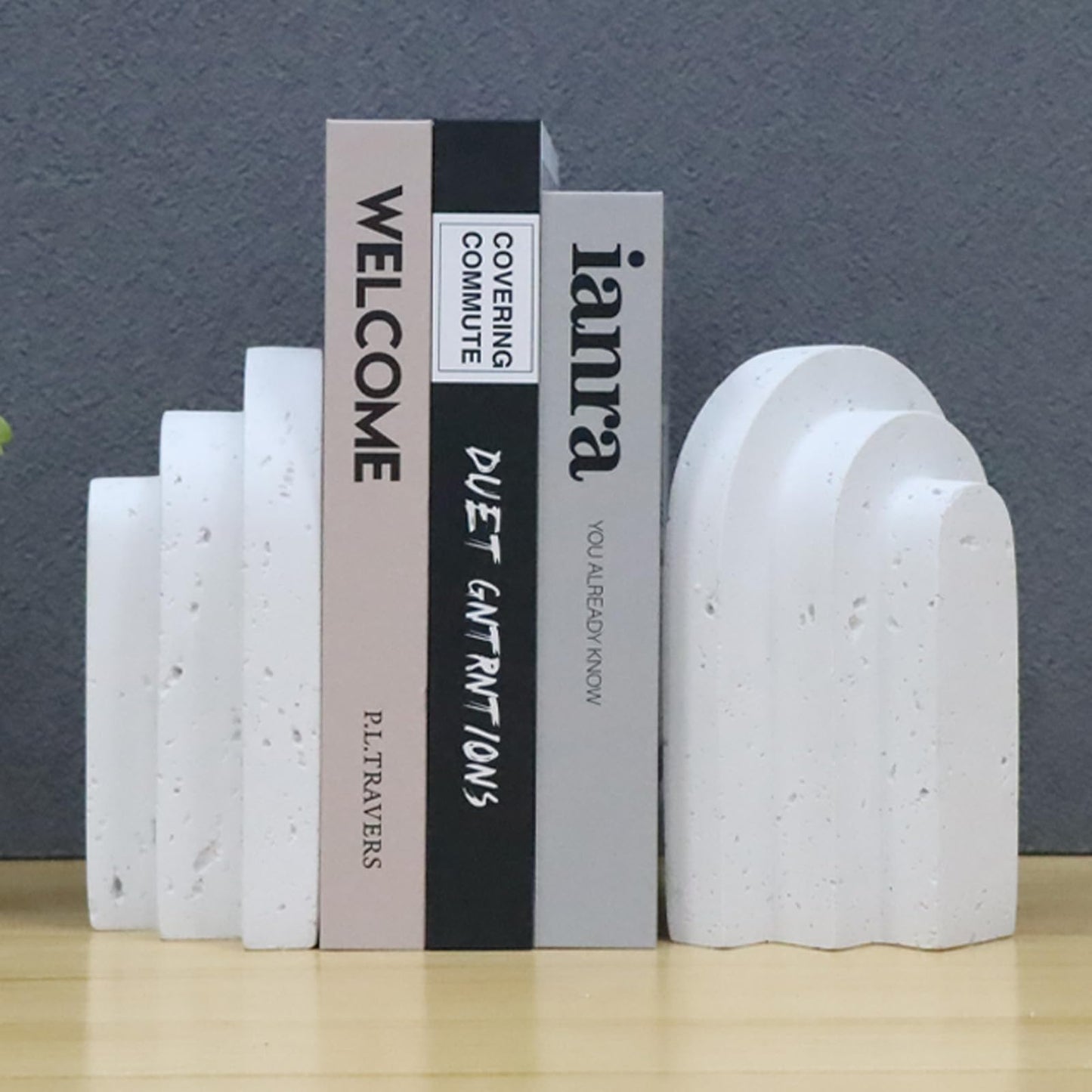 Iemegumi Decorative Book Ends for Shelves - Boho Aesthetic Bookends Decor - Heavy Duty Travertine Book Stopper Holder for Home Office Desk Coffee Table, Gifts for Book Lovers (White)