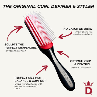 Denman Curly Hair Brush D3 (Black & Red) 7 Row Styling Brush for Detangling, Separating, Shaping and Defining Curls - For Women and Men