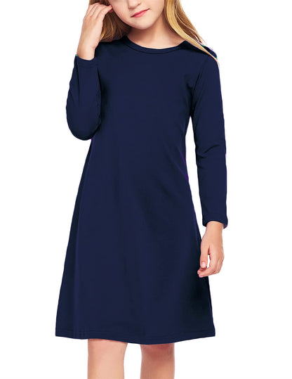 Arshiner Girls Dress Kids Long Sleeve Solid Color Casual T-Shirt Dress Navy Blue Tween 10-11 Years