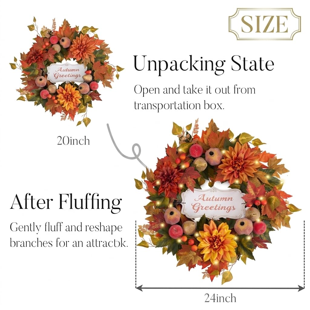 Valery Madelyn 24'' Collapsible Pre-Lit Fruits Fall Wreath for Front Door