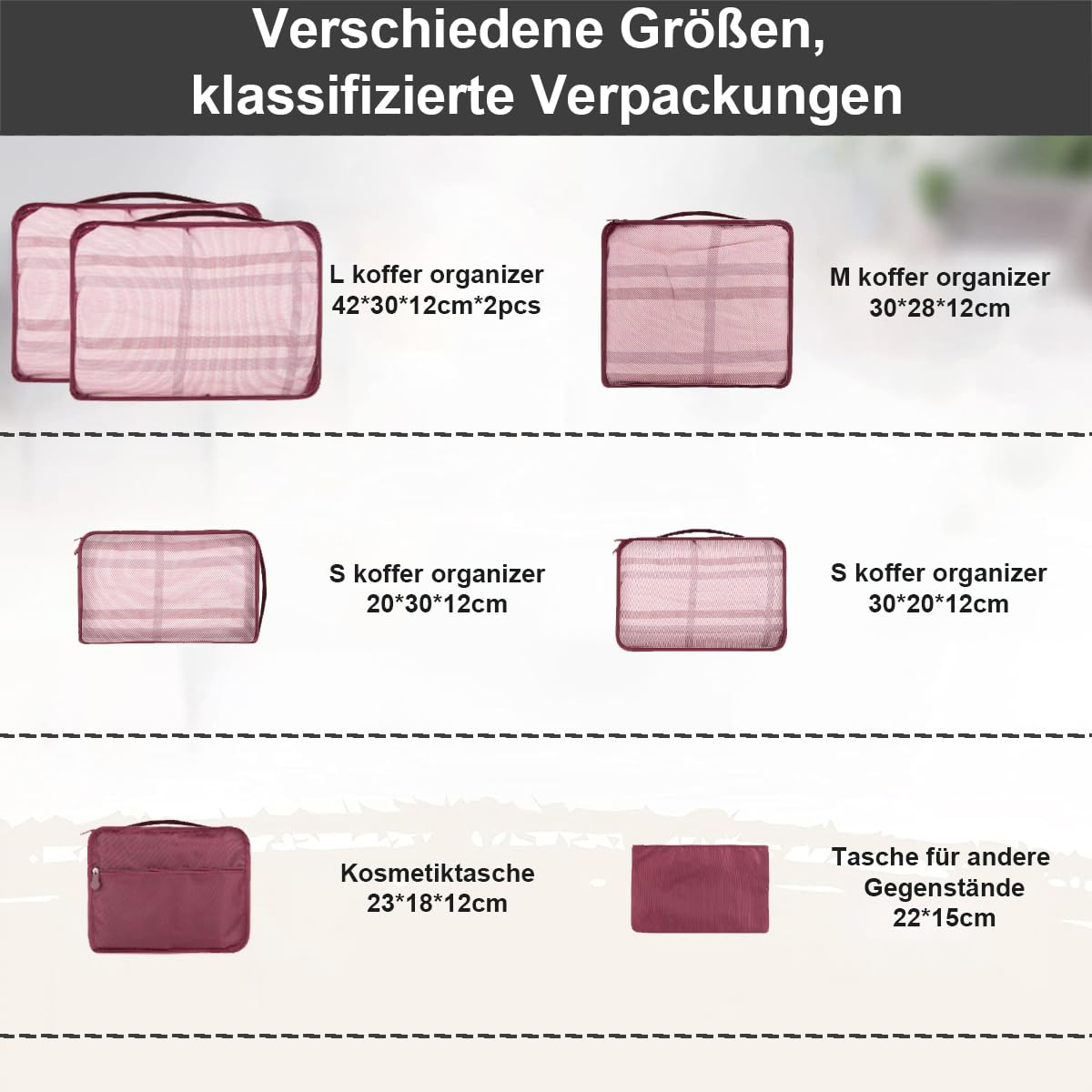 10 Packing Cubes for Suitcases – Luggage Organiser in Various Sizes – Mesh Travel Packing Cube Set in Assorted Colours (10 Dark Red Mixed Sizes)
