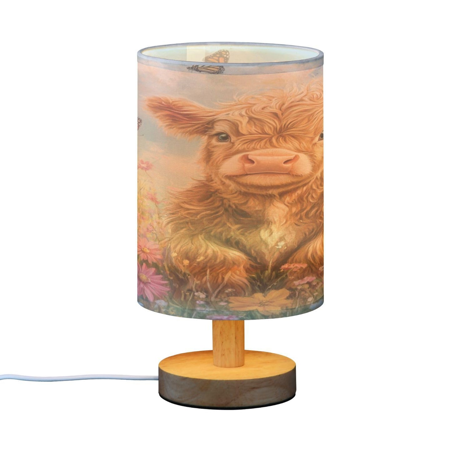 Highland Cow Flowers Table Lamp Bedroom Bedside Night Reading Desk Lamps Cylinder Nightstand Sleeping Light Lamp for Kids Living Room Office Decor