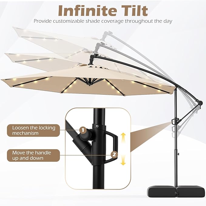 Tangkula 10ft Solar LED Patio Umbrella with Base, Offset Cantilever Outdoor Umbrella with 32 LED Lights, Infinite Tilt, 360 Degree Rotation, Crank Handle for Pool Deck Garden Backyard (Beige)