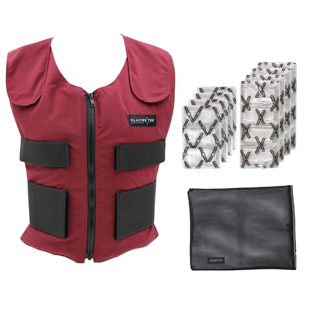 Glacier Tek Cool Vest Personal Cooling, 59 Degrees for 2.5 hours 8 Cool Packs, recharge in 30 minutes (Maroon)