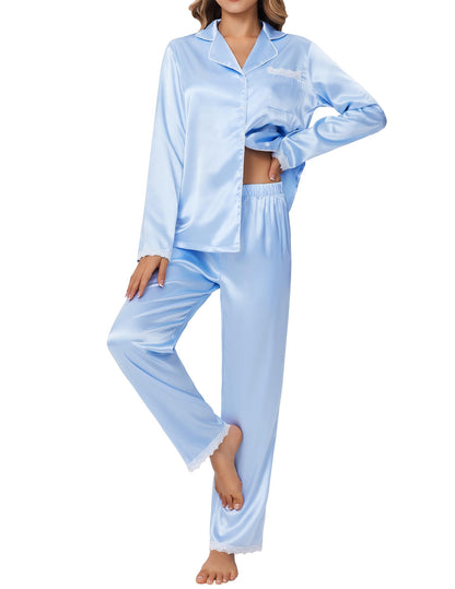 Ekouaer Satin Pajamas for Women Silk Long Sleeve Sleepwear Button Down Loungewear 2 Pieces Lace Soft Pjs Set