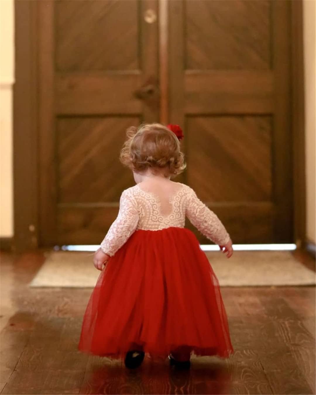 Girl Toddler Full-Length Straight Tulle Tutu Lace Back Party Flower Girl Dress (6-7 Year, Sleeve-Wine red)