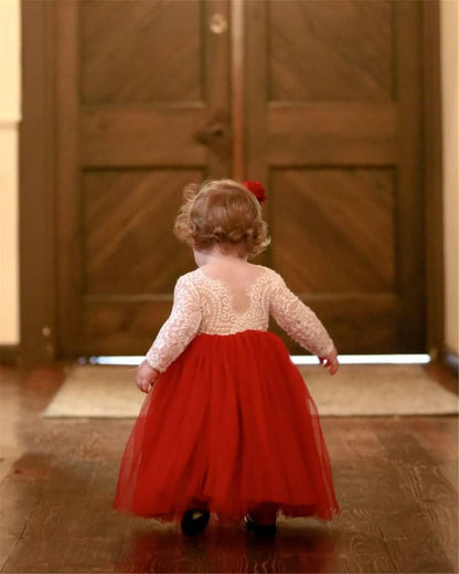 Girl Toddler Full-Length Straight Tulle Tutu Lace Back Party Flower Girl Dress (6-7 Year, Sleeve-Wine red)
