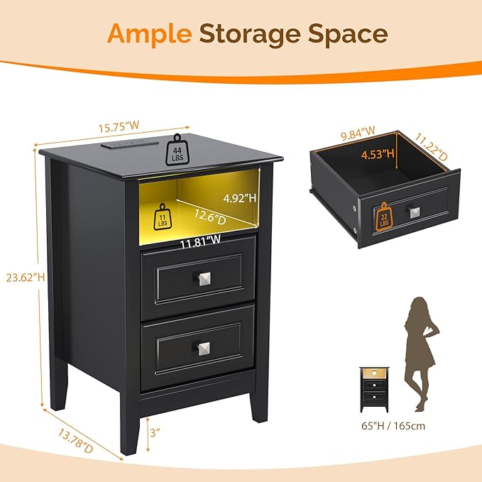 Bonnlo Black Nightstand Set of 2