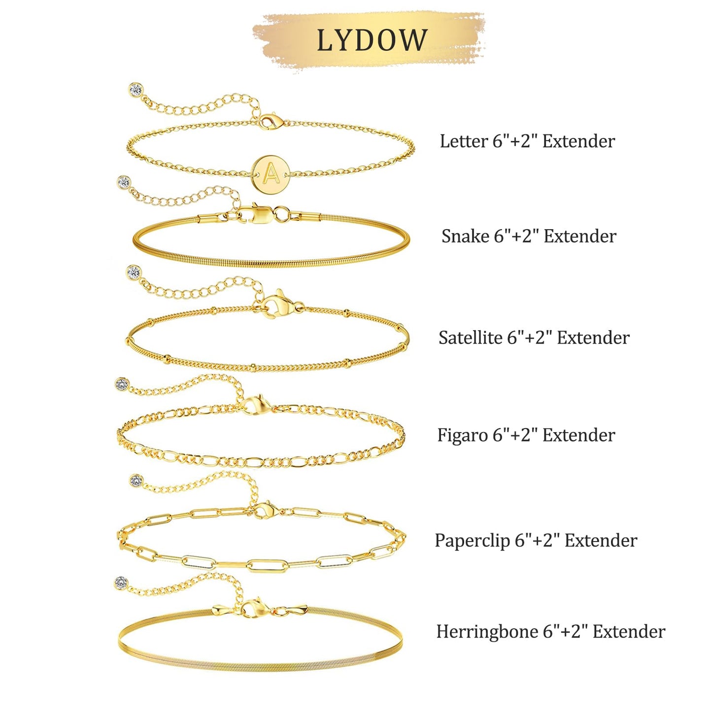 Lydow Bracelets for Women, Stack Jewelry Set Initial Q Chain Stackable Letter Teen Accessories Pulseras Para Mujer 6 Inch 6PCS