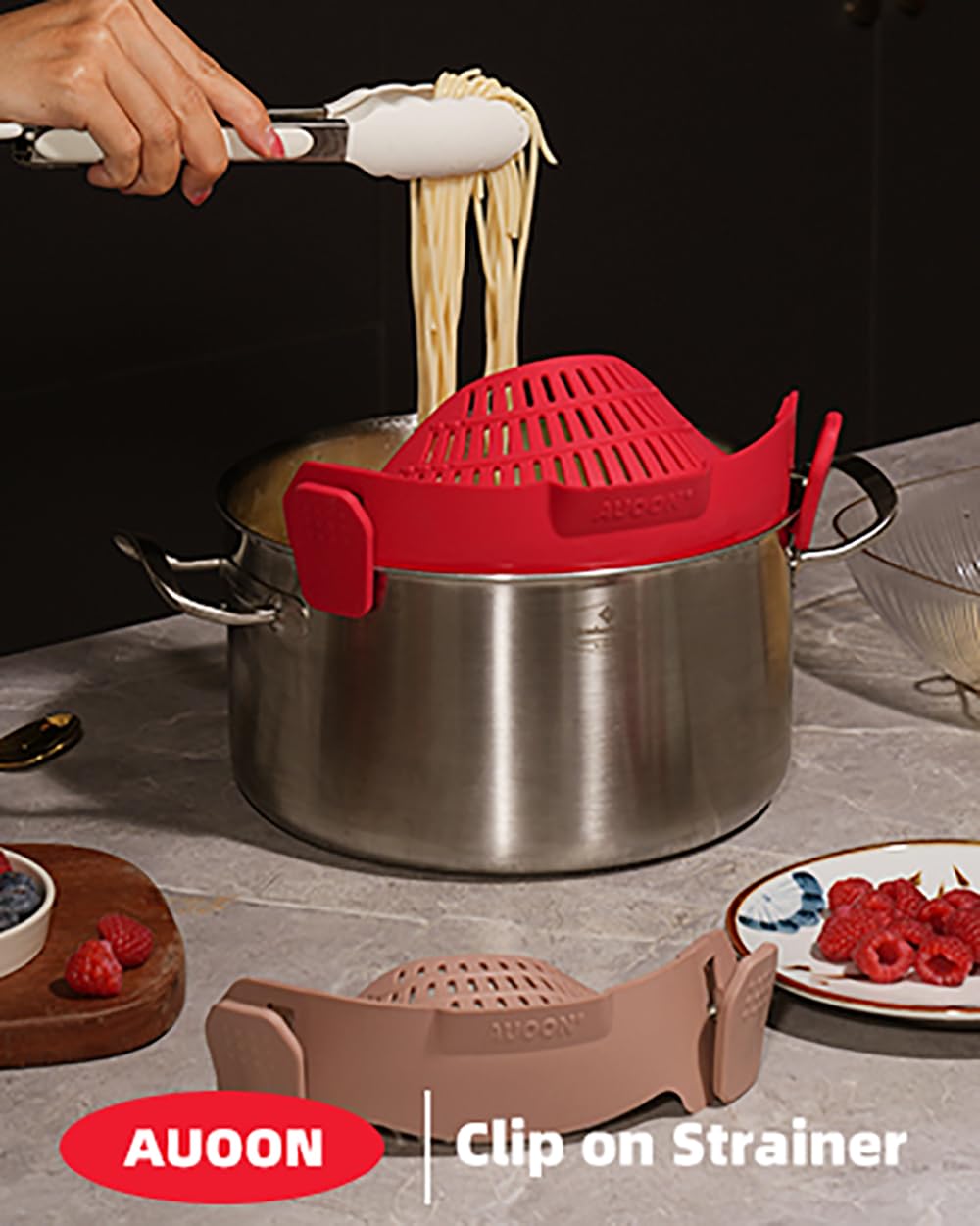 AUOON Clip On Strainer Silicone for All Pots and Pans, Pasta Strainer Clip on Food Strainer for Meat Vegetables Fruit Silicone Kitchen Colander