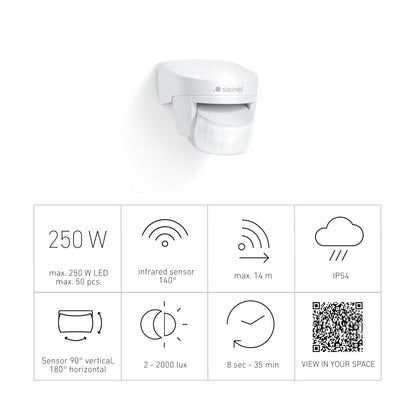 Steinel Motion Sensor IS 140-2 White, 140° Infrared Movement Detector, 14m Range, Swiveling, Max. 1000 W or 6 LED Lights