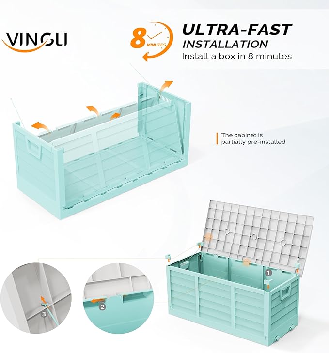 VINGLI 75 Gallon Collapsible Outdoor Storage Box, Simple-to-assemble Plastic Storage Containers with Lid, Patio Deck Box Furniture for Garden, Pool, Balcony, Yard (Green)