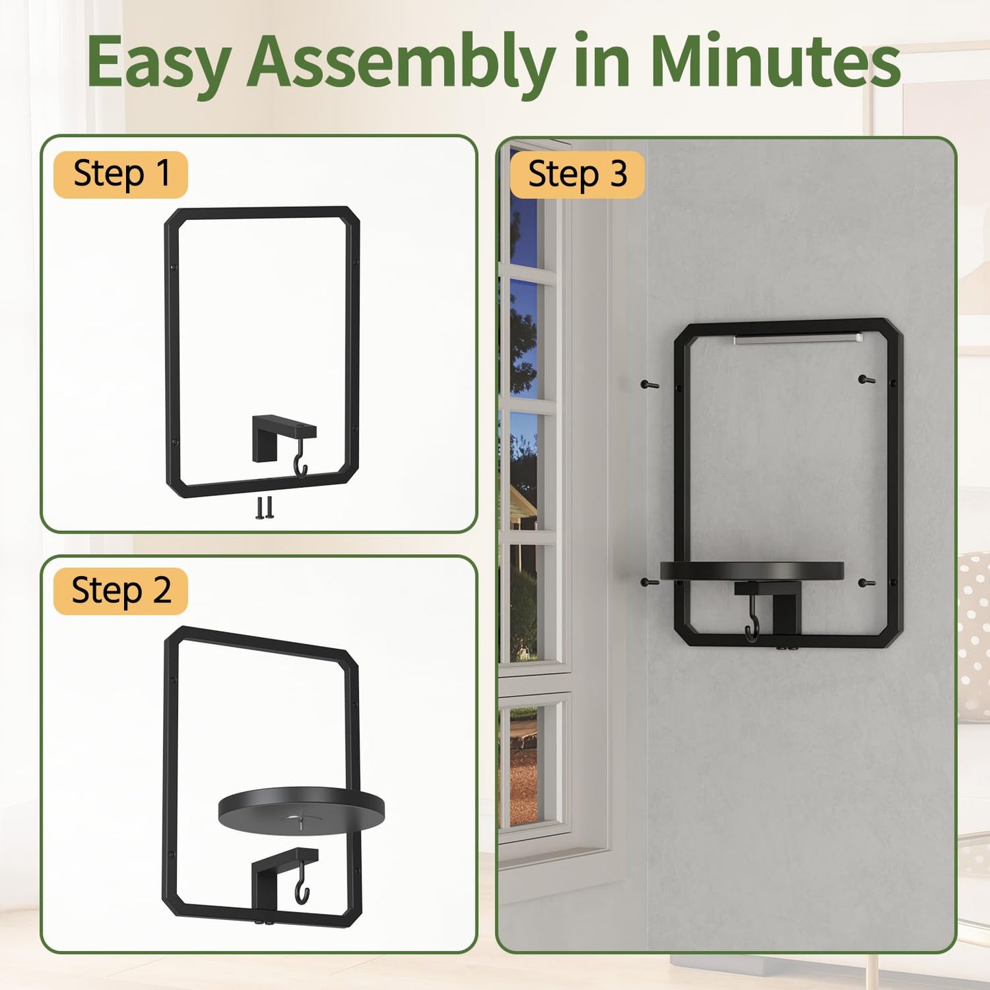 LASZOLA Plant Hangers Holder Wall Mount Indoor Window with 2 Grow Light, 2 Pack Floating Flower Stand Shelf with Hooks, Metal Picture Frame Hanging Planter Display Decor for Kitchen Bathroom, Black