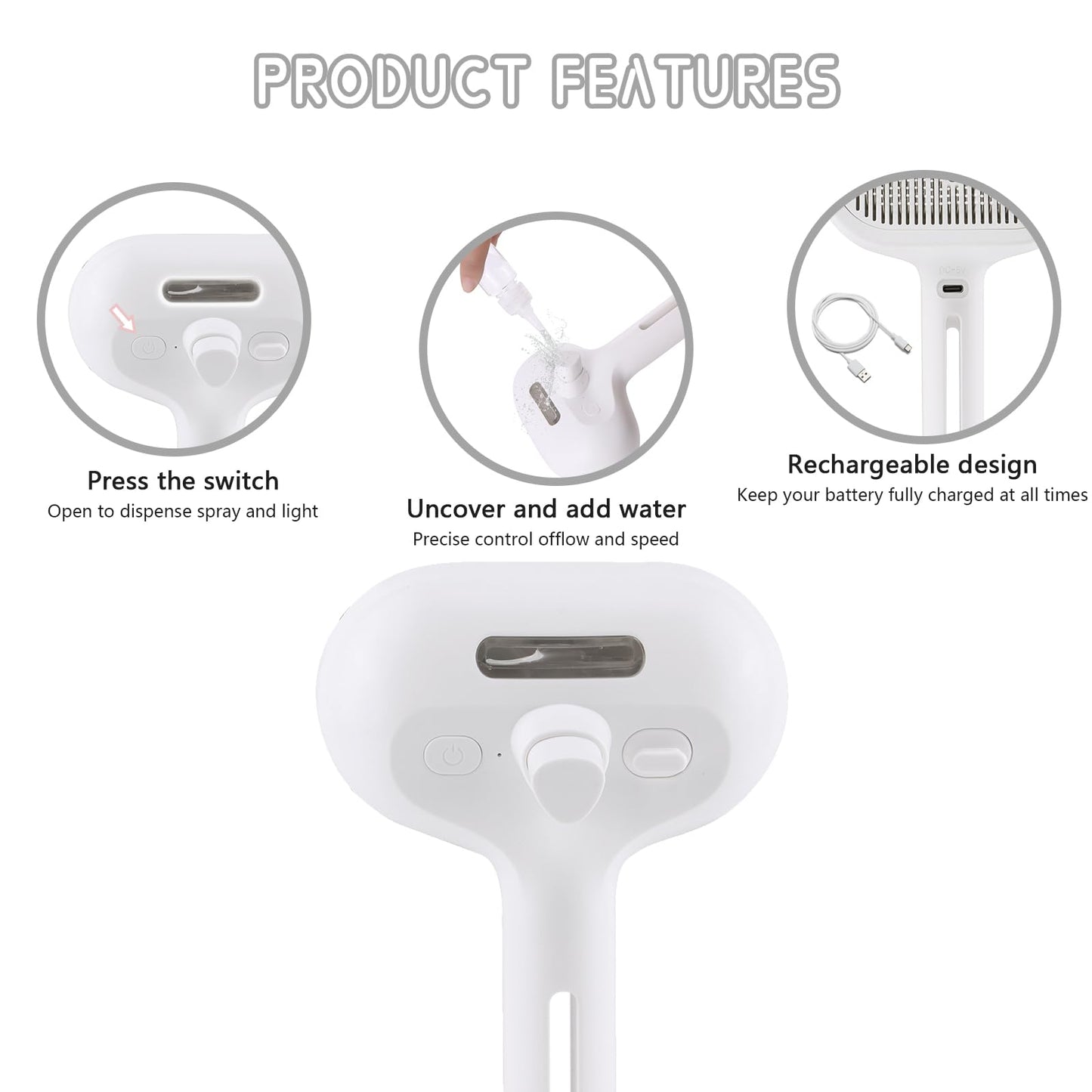 Spray Cat Pet Grooming Brush with Water Sprayer - Hair Removal Comb for Cats and Dogs, White Shedding and Bath Brush with Steam Release