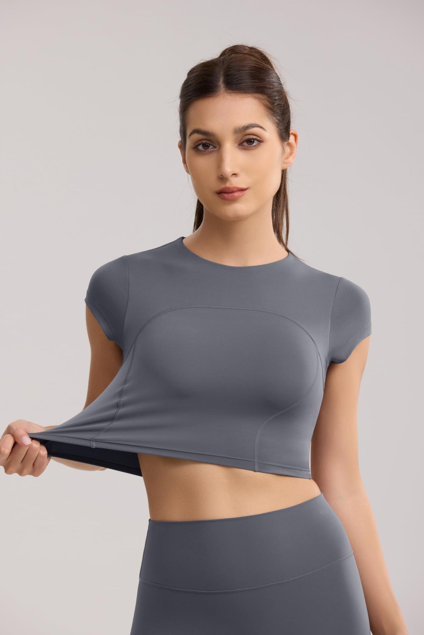 ENERBLOOM Workout Crop Tops for Women Yoga Short Sleeve Mild Support Slim Fit Cropped Athletic Shirts Gym Tee Built in Bra Gray Medium