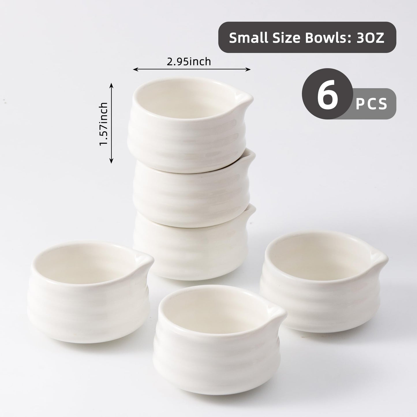 YumiPLUS 6pcs Ceramic Dipping Bowl with Spout, 3OZ Porcelain Mini Ramekins, Small Condiment Dish, Cute Pinch Bowl Set, Sauce Dish for Sushi/Ketchup/BBQ,Oven Safe