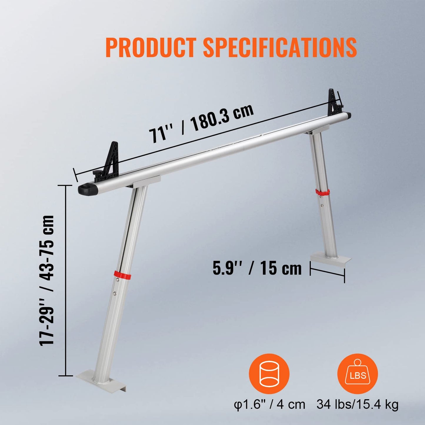 VEVOR Truck Rack with 8 Non-Drilling C-Clamps, 19-34in Adjustable Height Aluminum Ladder Rack for Truck, 800 lbs Capacity Heavy Duty Truck Bed Rack Two-Bar Set for Kayak, Surfboard, Lumber, Ladder