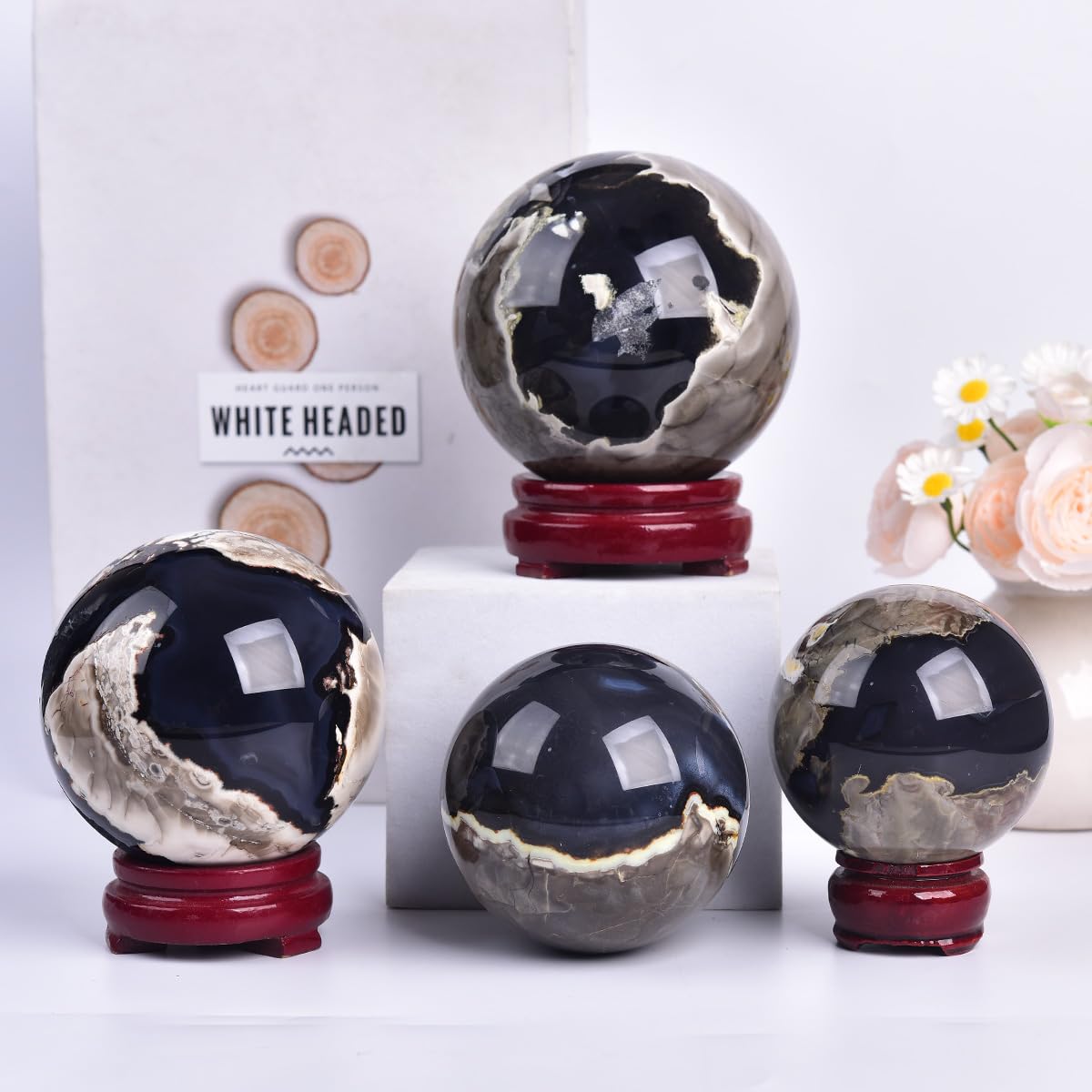 JIC Gem 3.1-3.5 inch(80-90mm) Large Volcanic Agate Crystal Sphere Quartz Crystal Ball with Stand Healing Ornament Witchcraft Meditation Decor
