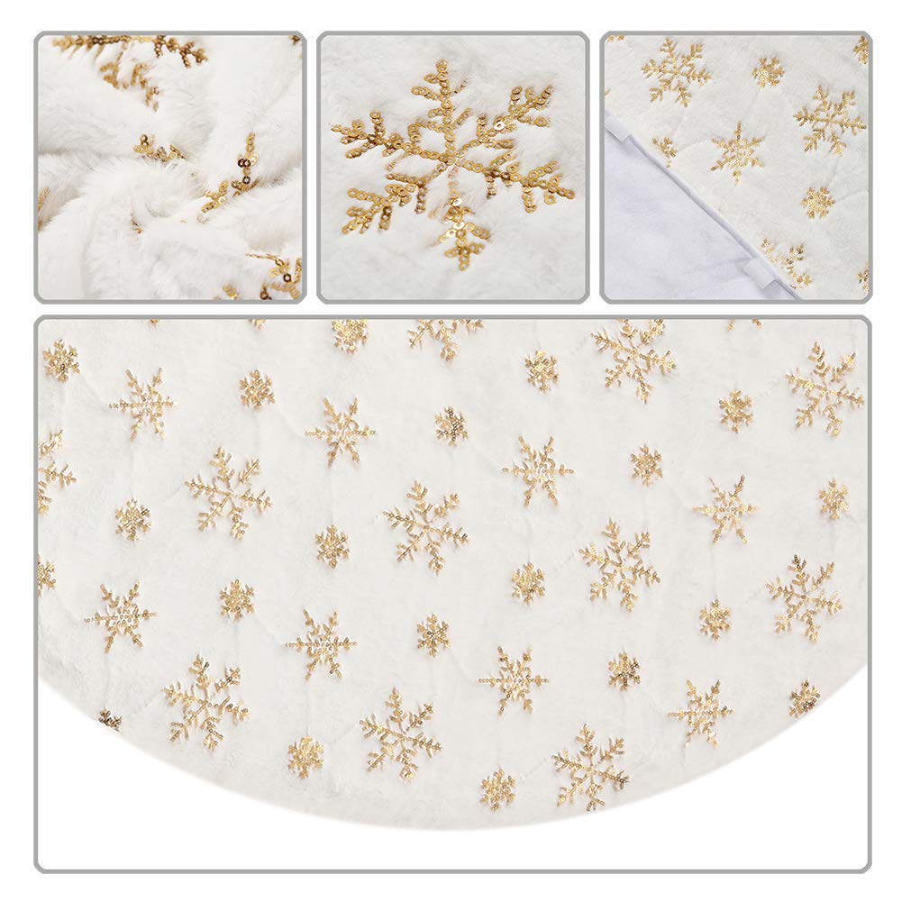 Sattiyrch Christmas Sequin Tree Skirt 36in,White Soft Thick with Golden Snowflakes Decorations for 5FT 6FT 7FT Xmas Tree