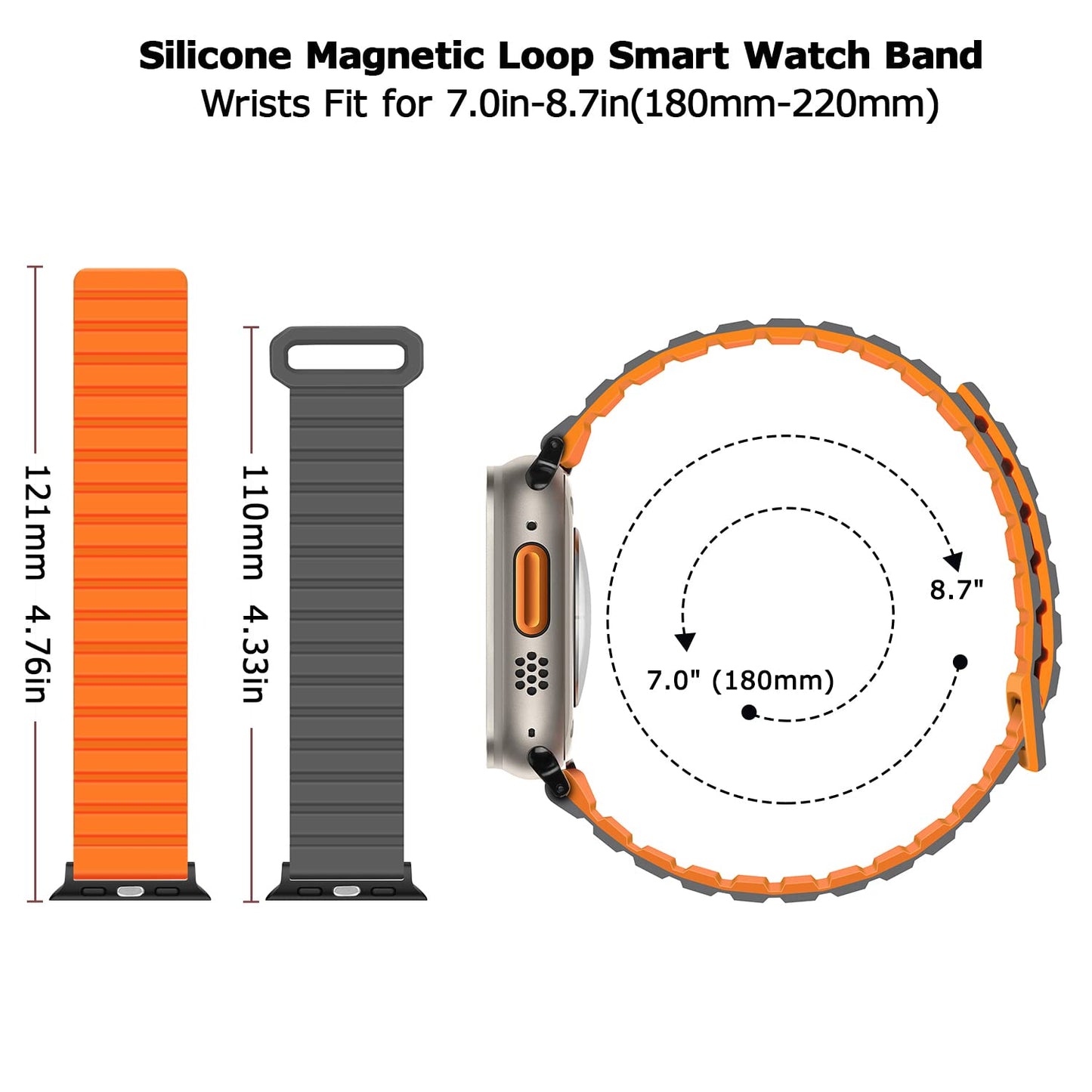Tasikar Compatible with Apple Watch Strap 49mm 46mm 45mm 44mm 42mm Thin Silicone Magnetic Loop Replacement Bands [Double Sided Wearable] for Apple Watch Ultra Series 10 9 8 7 6 5 4 3 SE - Grey Orange