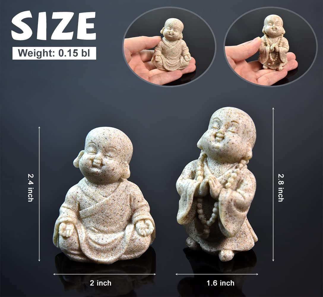 2pcs Buddha Statue Happy Laughing Buddha Figurine Cute Small Monk Statues Mini Maitreya Buddha Minimalist for Desktop Ornament Home Decor Car Dashboard and Shelf Decorations Buda (Sandstone)