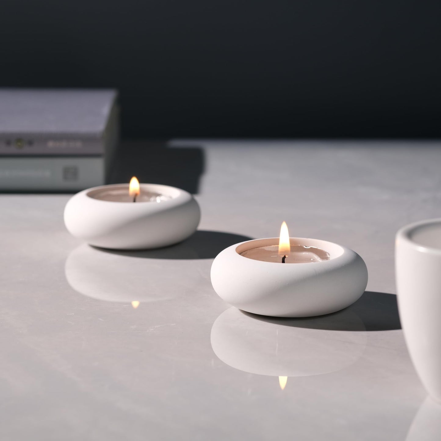ICNBUYS Handmade Decorative Pebble Tealight Candle Holders Set of 2 - Handcrafted Home Decor Accent for Calming Earthy Aesthetic Cement White Diameter 2.6 inches
