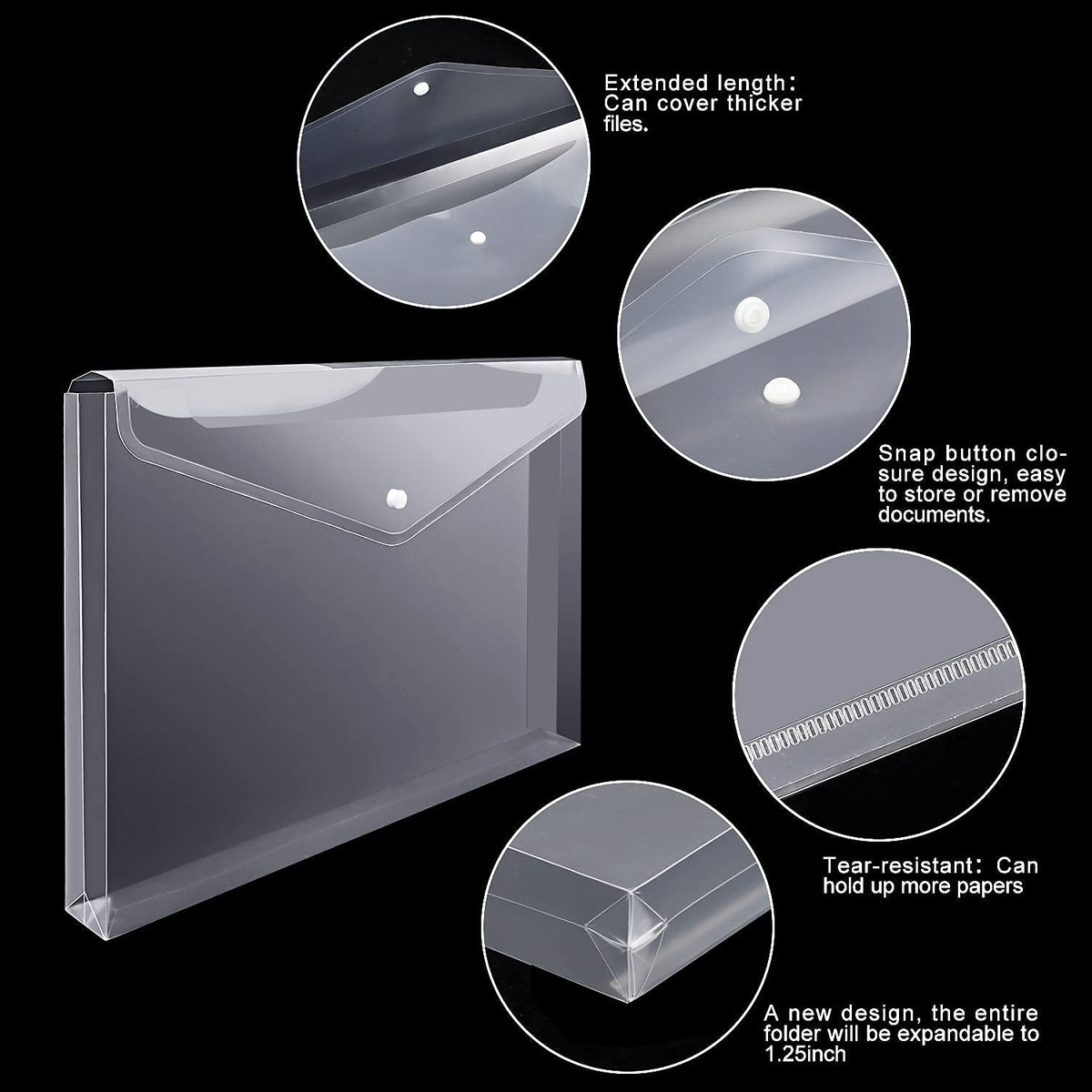 EOOUT 24pcs Clear Envelopes, Expandable Folders for Documents and Waterproof Folders with Snap Closure, A4 Size Letter Size, for School and Office Supplies
