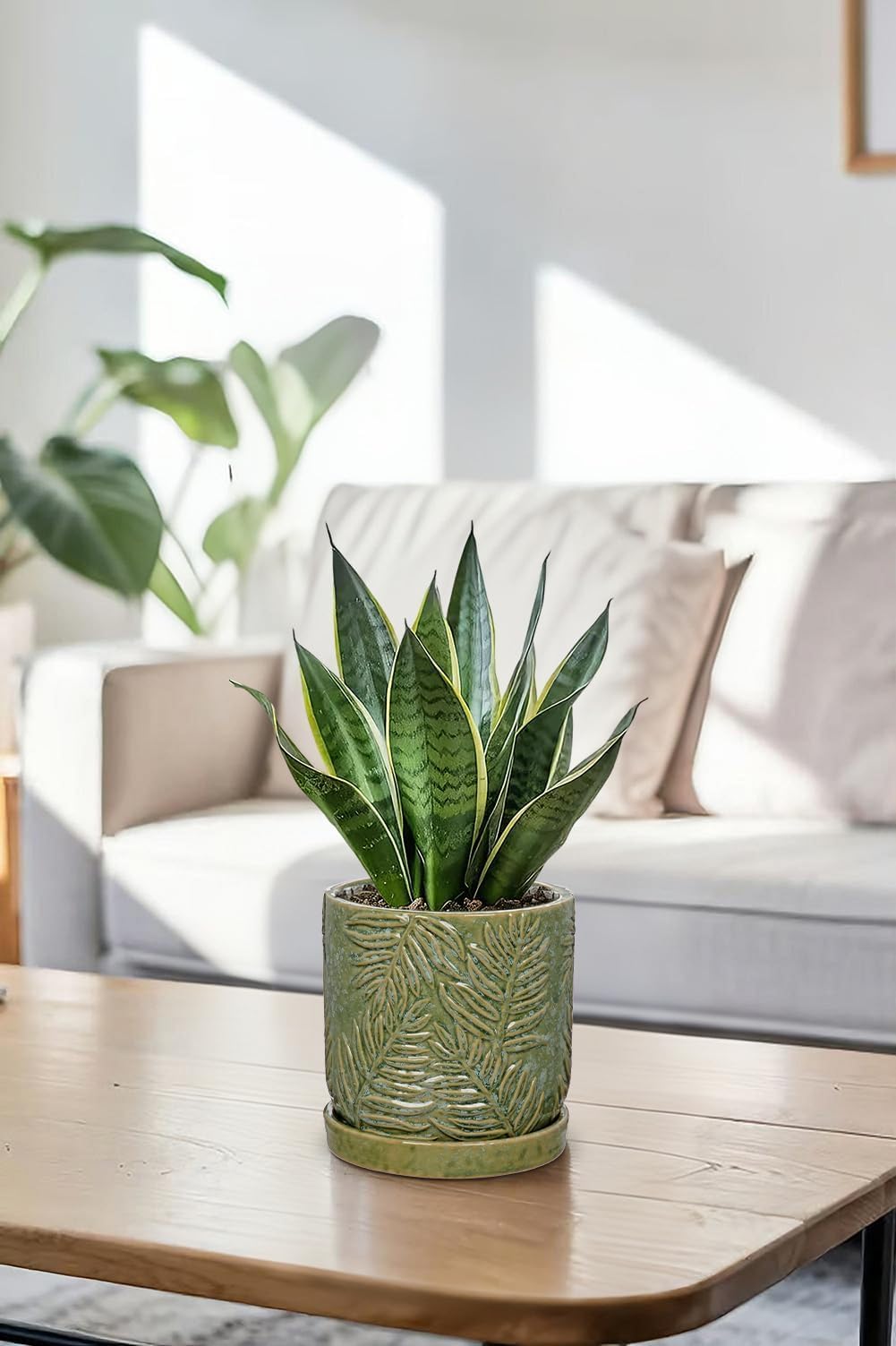 GnFlus 5.5 Inch Ceramic Planter Pots with Drainage Holes, Saucers for Indoor-Outdoor Plants, Succulent Orchid Flower Large Round Plant Pot Green