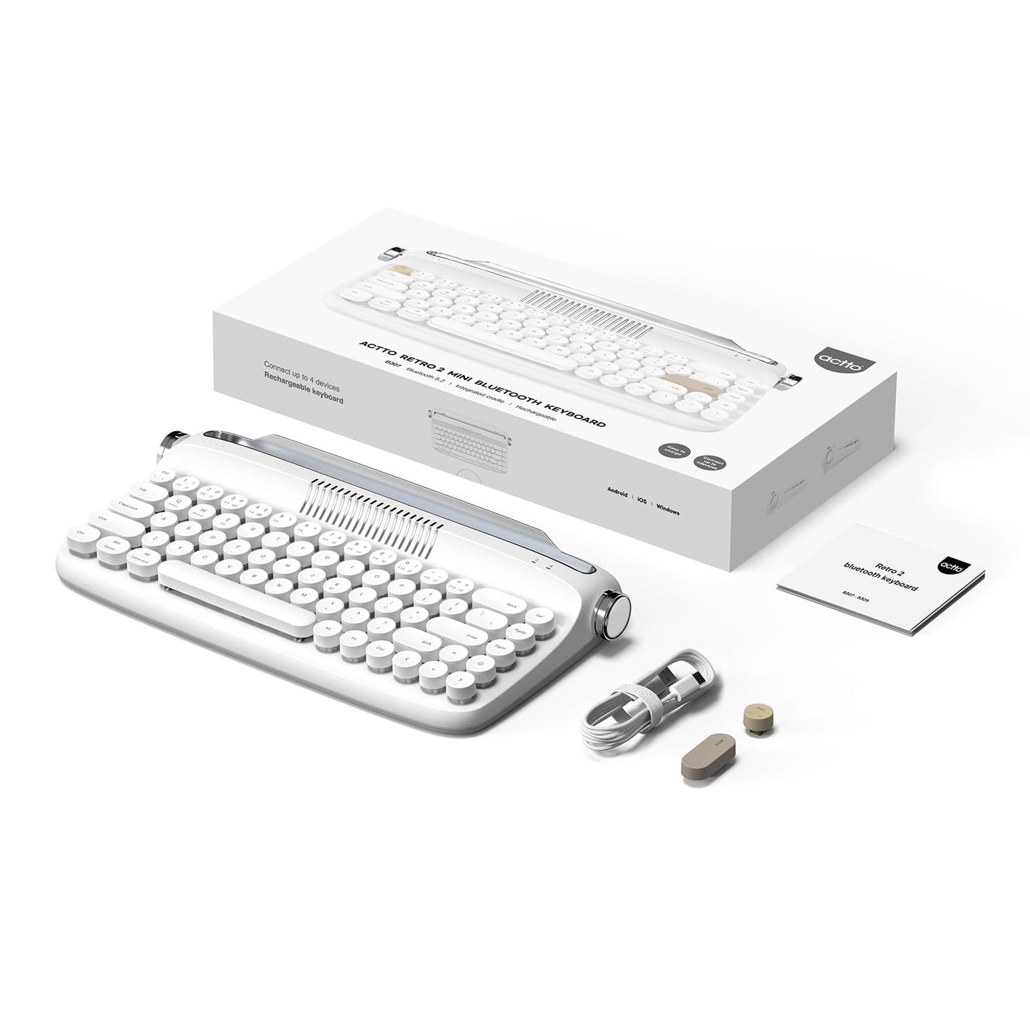 YUNZII Upgraded Wireless Typewriter Keyboard,with Retro Integrated Stand,USB-C/Bluetooth,Cute Round Keycaps, USB-C/Bluetooth Connection for Table, Phone, PC and Win/Mac/Android (B309, Baby Pink)