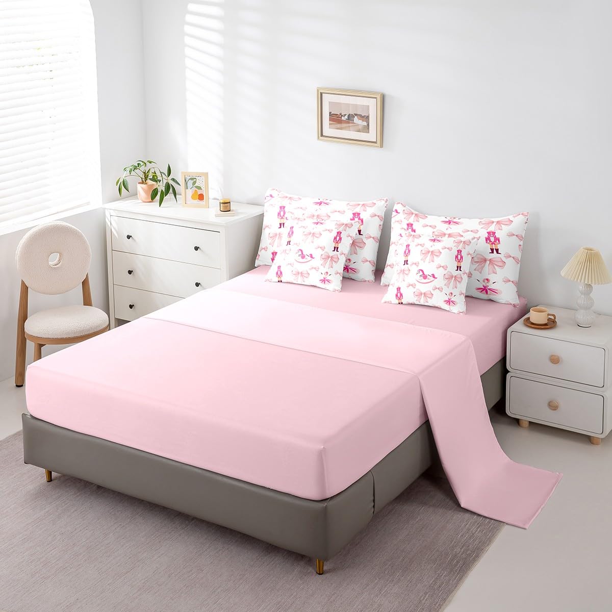 Erosebridal 7 Piece Pink Bow Comforter Set King Bed in a Bag,Cute Nutcracker Bedding Set for Girls Child,Kids Bowknot Trojans Duvet Insert,Ballet Girl Dancer Quilt,Dreamy Princess Style Sheet Set