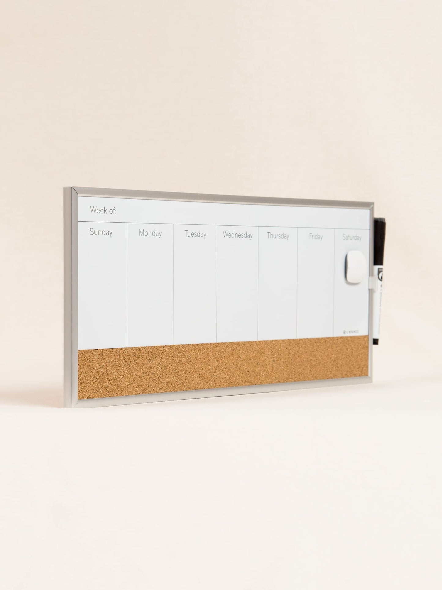 U Brands Magnetic Dry Erase Weekly Calendar Board With Cork Strip, 18"x7.5", Silver Aluminum Frame, Includes Magnet, Marker