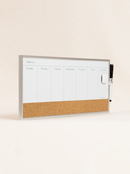 U Brands Magnetic Dry Erase Weekly Calendar Board With Cork Strip, 18"x7.5", Silver Aluminum Frame, Includes Magnet, Marker