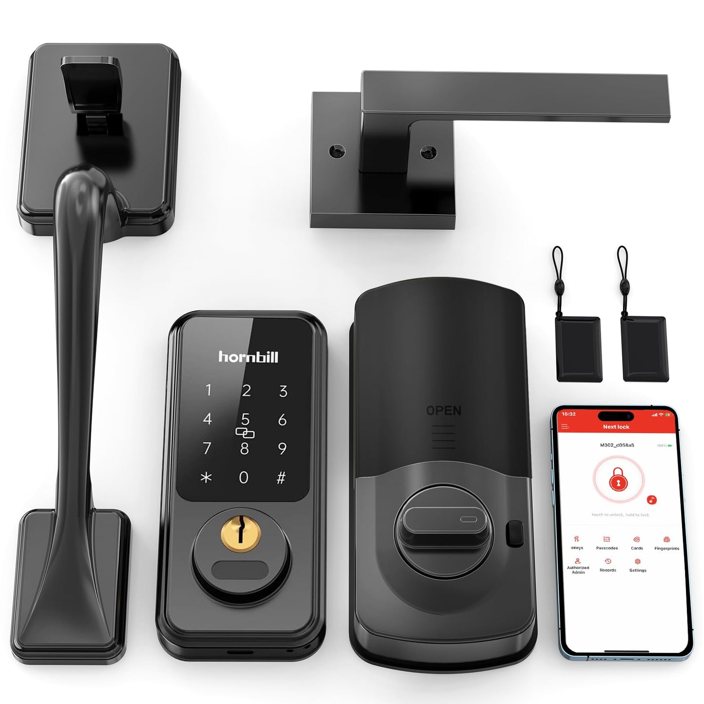 Keyless Entry Door Lock with Handles, Hornbill Smart Front Door Lock Set, Alexa Front Exterior Door Set, Digital Touchscreen via Bluetooth APP/Keyfob/Key-Matte Black(Not Compatible Gram/Screen Door)