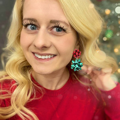 CEALXHENY Christmas Earrings for Women Festive Bow Drop Dangle Earrings Gift Stud Earrings for Women (A Red+Green)