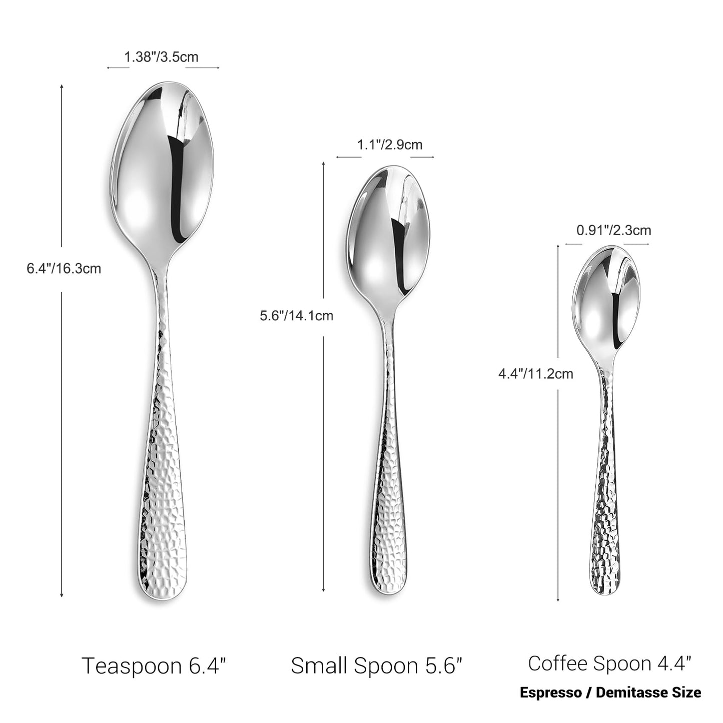 KEAWELL Premium Louise Hammered Coffee Spoons, 18/10 Stainless Steel, 4.4-Inch Demitasse Espresso Size, Brightly Mirror Polished, Set of 6, Dishwasher Safe (6, 4.4 inches)