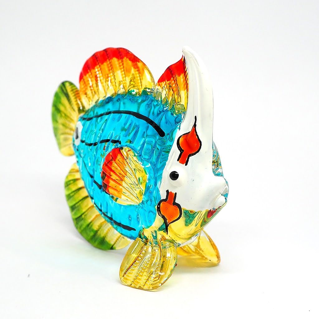 ZOOCRAFT Blown Glass Fish Figurine, Hand Painted Sea Creature Gift Ornament, 2.6" Tall Blue/Green Coastal Decor