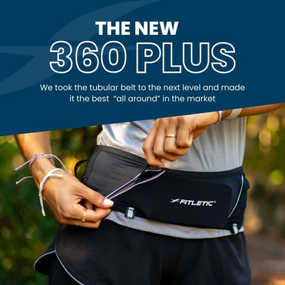 Fitletic 360 Plus Running Belt – Step-In Waist Pack – Fits iPhone 17 Pro Max & Galaxy S26 Series – Built-in Trekking Pole & Race Bib Holder – Trail, Hiking & Marathon Hydration – Black
