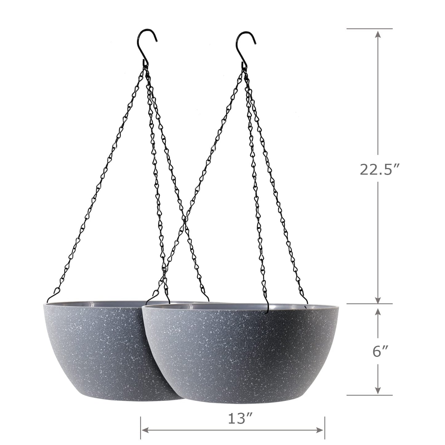 WSMKSZ 13 inch Large Hanging Planters Plant Pots for Outdoor Indoor Plants with Drainage Holes and Chain, 2 Pack Round Hanging Flower Pots for Garden Home Porch Decor, Speckled Grey