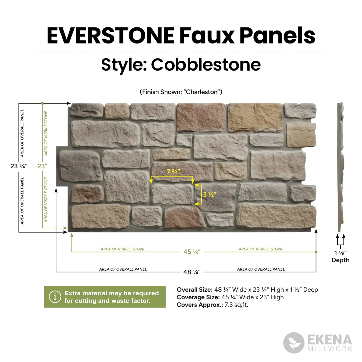 EverStone Cobblestone Faux Stone Panel, 48"W x 23 3/4"H x 1 1/8"D, Flintstone Color