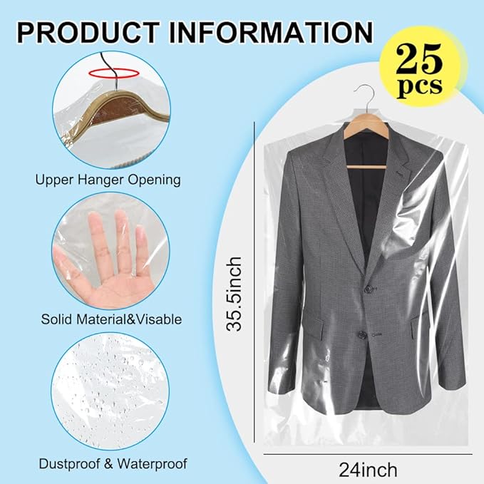 BEISHIDA 25PCS 35.5 Inch Plastic Garment Bag-Plastic Clear Dry Cleaner Laundry