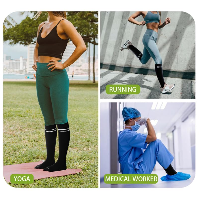 LEVSOX Bamboo Compression Socks for Women&Men 20-30 mmHg Knee High Cute Support Socks for Nurses, Pregnant Women, Travel, 4 Pair-black, XL