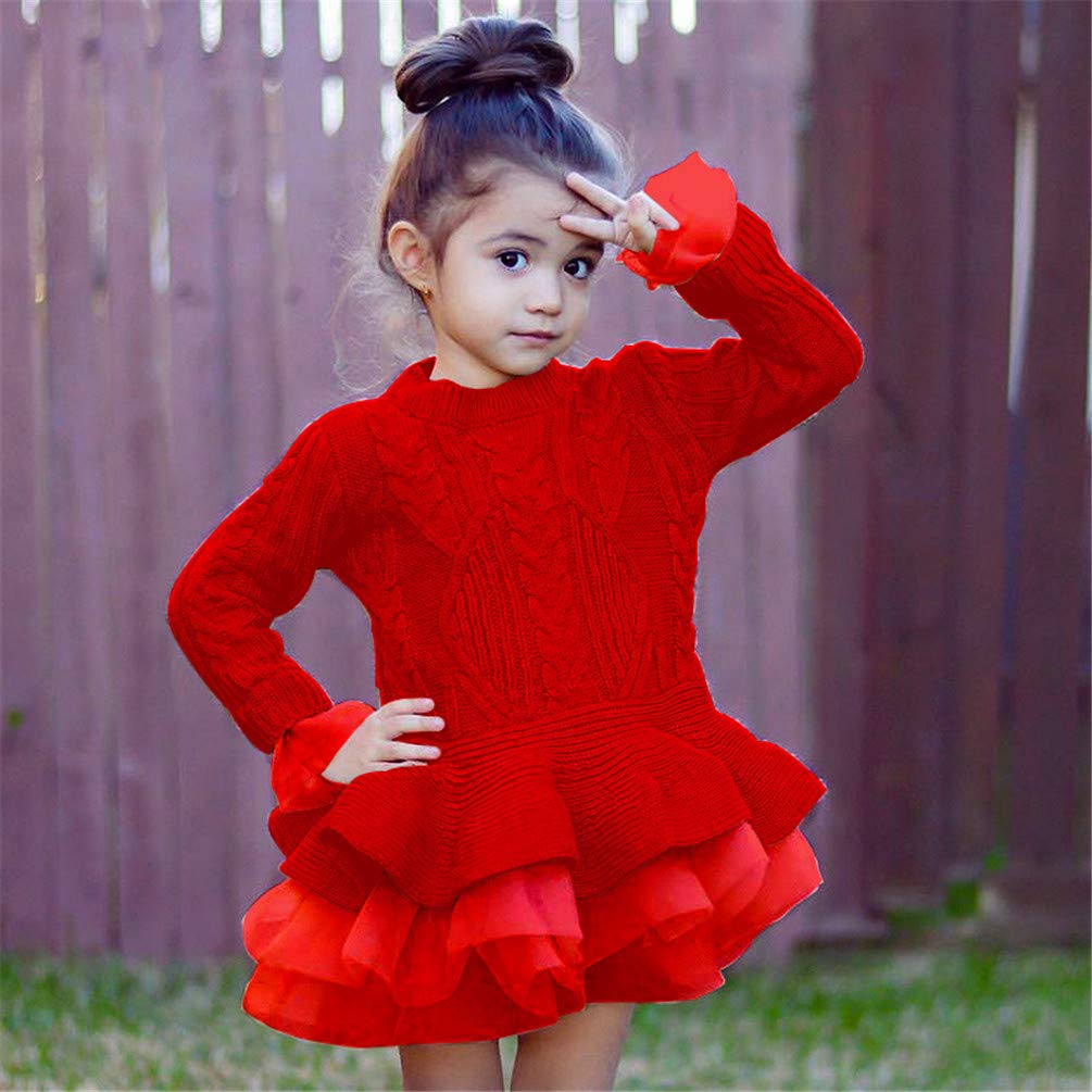 Sweater Dresses Little Girls 6-7 Years Knee Party Christmas Knit Pullover Outfits Tutu Playwear Winter Frocks for Special Occasions Tops Ruffle Jumper Long Sleeve Pullover (Red, 140)