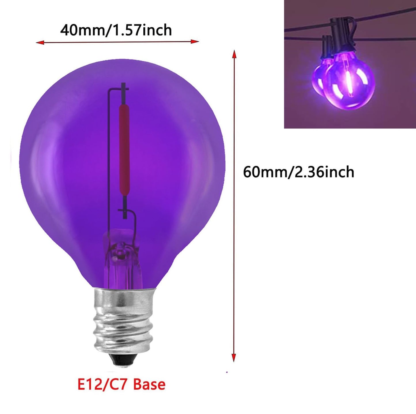 Sxminer 15 Pack G40 Light Bulbs LED Replacement Bulb 1W LED Filament Bulb Shatterproof Plastic LED Outdoor String Lights E12/C7 Globe Edison Bulb Decorative Bulb for Patio Christmas Home Decor(Purple)