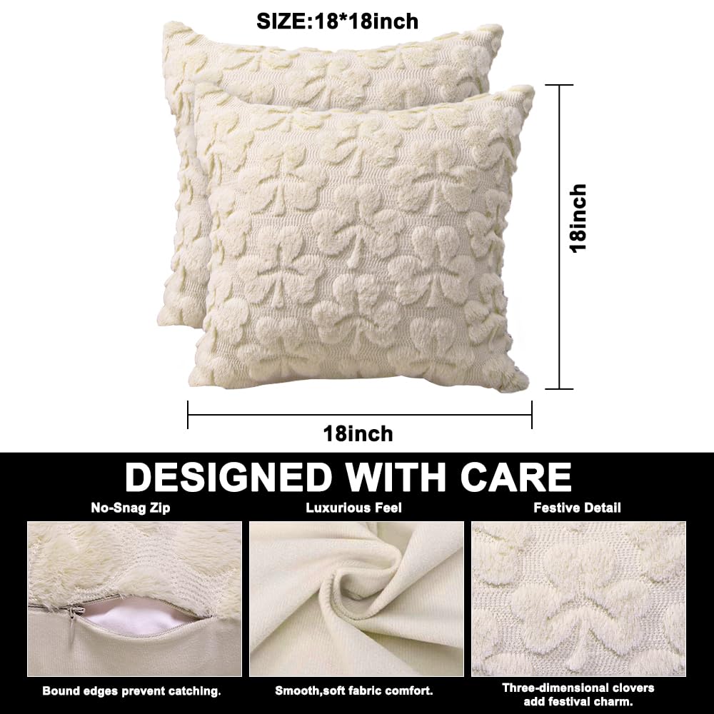 Heirloom Haven St Patrick’s Day Pillow Covers Set of 2,Beige Shamrock Irish Soft Plush Fluffy Faux Fur Jacquard Decorative St. Patrick’s Day Holiday Farmhouse Cushion Case for Sofa 18 x 18 Inch