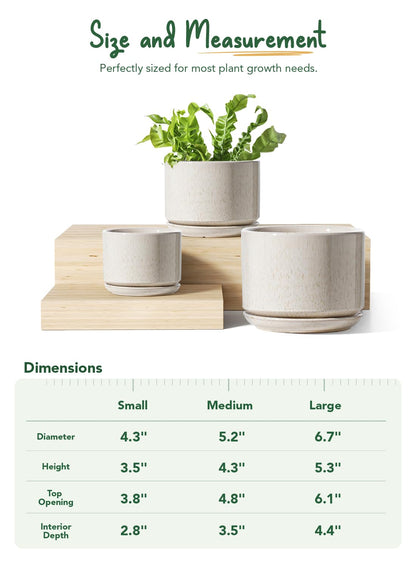 LE TAUCI Ceramic Plant Pots, 11+13+17 cm Planters, Set of 3 Planters with Drainage Hole and Saucer, Indoor Plant Pot with Hole Mesh Pad, Gifts for Mom, Reactive Glaze Beige